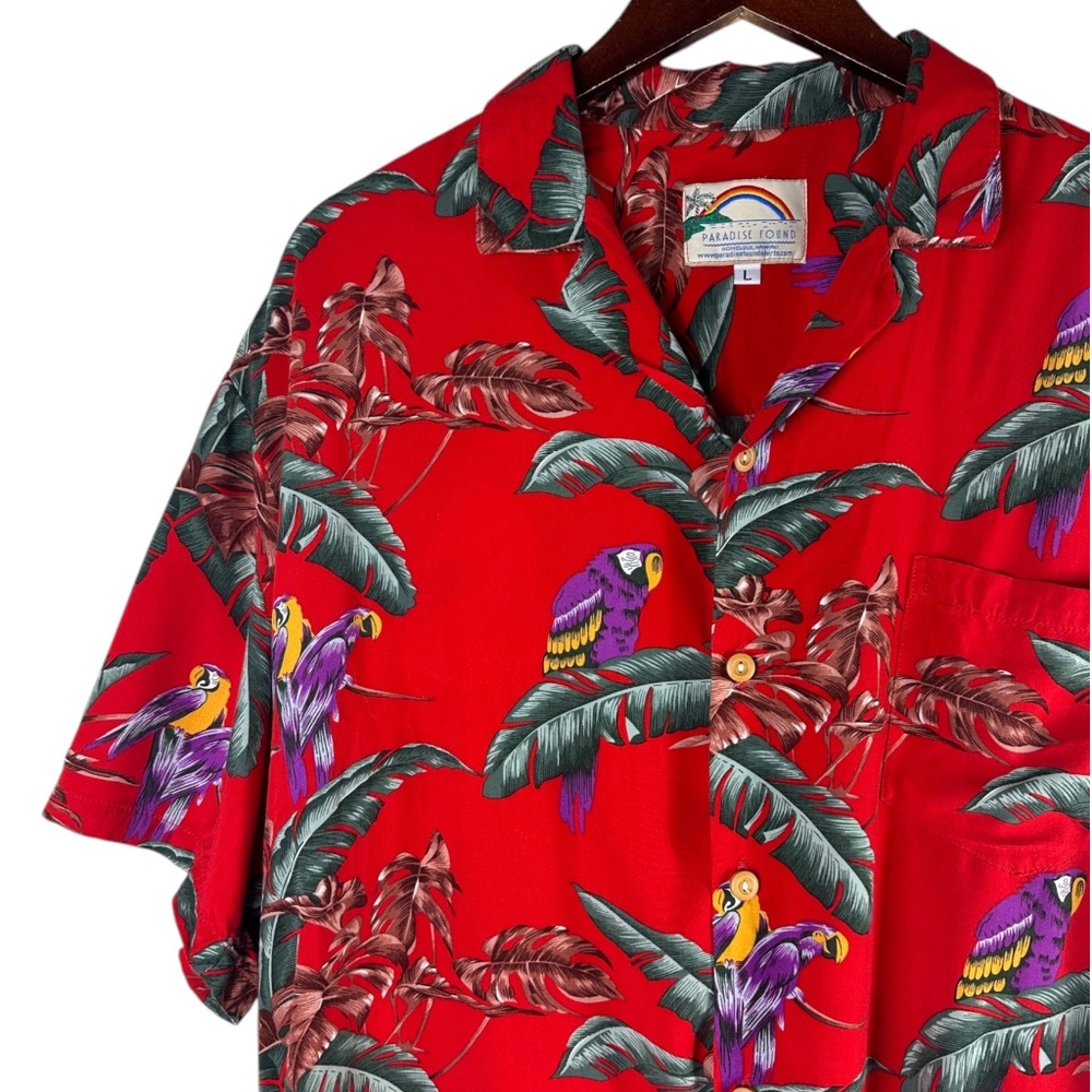 Vtg Paradise Found Magnum PI Hawaiian Shirt Sz Large Red Parrots Birds Tropical - Picture 3 of 6